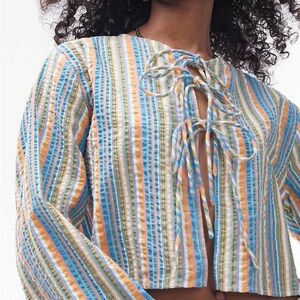 Topshop Blue and Orange Crop Tie Front Blouse